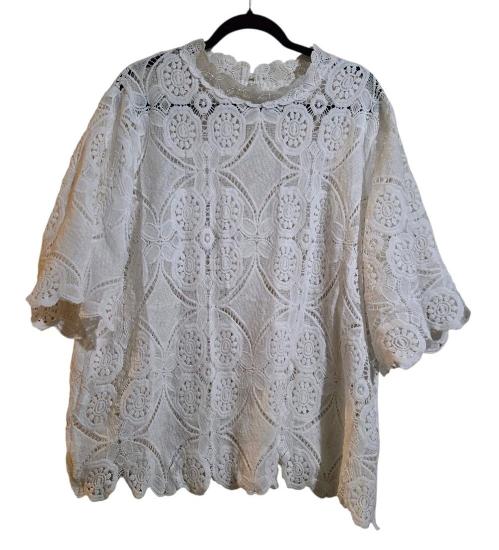 Shein Curve Sz 3X Crochet White Blouse Top Scallops Sleeve Boho Lightweight Fest